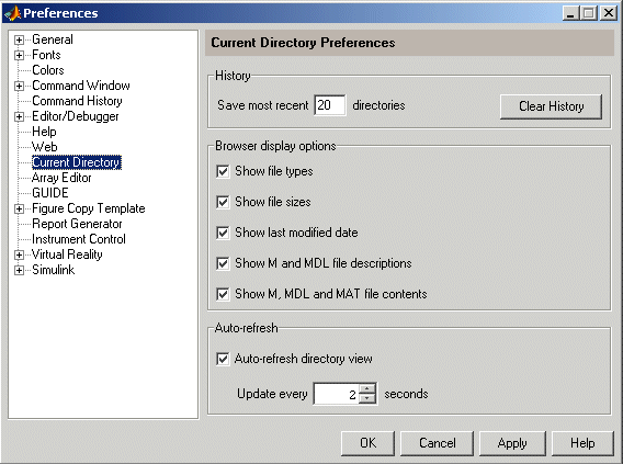 Image of Preferences dialog box showing the Current Directory browser preferences.