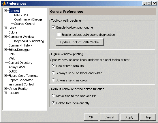 Image of Preferences dialog box showing the General panel, and the subentries for MAT-Files and Source Control.