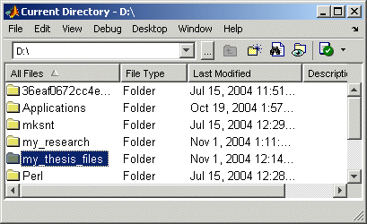 Image of MATLAB Current Directory browser showing two sample directories, my_thesis_files and my_research.