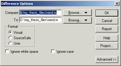 Image of Difference Options dialog box containing sample filenames.