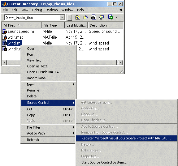 Image of Current Directory browser showing source control context menu.