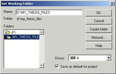Image of source control system Set Working Folder dialog box showing the path for the sample projects, my_thesis_files.