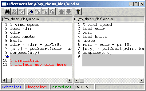 Image of Differences dialog box showing differences between two sample files.