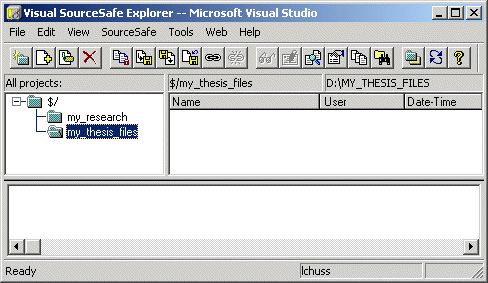 Image of source control system dialog box showing two sample projects, my_thesis_files and my_research.