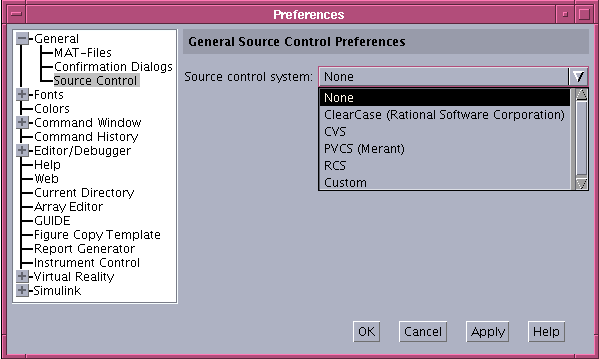 Image of Preferences dialog box showing General - Source Control panel.