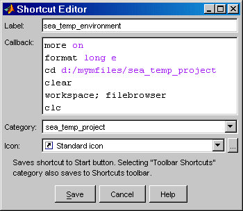 Image of Shortcut Editor dialog box showing each field in the dialog box with the example values.