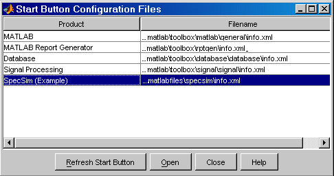 Image of Start Button Configuraton Files dialog box, highlighting the SpecSim (Example) item.
