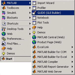 Image of MATLAB Start button open, showing MATLAB selected, and from the MATLAB entries, the GUIDE (GUI Builder) entry selected.