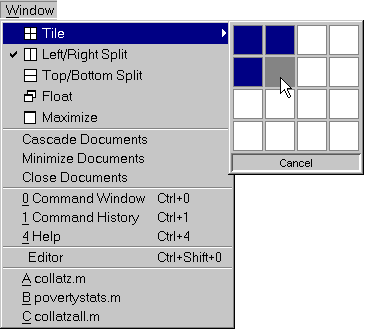 Image of Window menu showing Tile arrangement options.