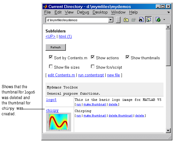 Image of Visual Directory view showing example after deleting the thumnail for logo5 and making a thumbnail for chirpy. Available actions have changed as a result. For example. logo5 actions now include make thumbnail.
