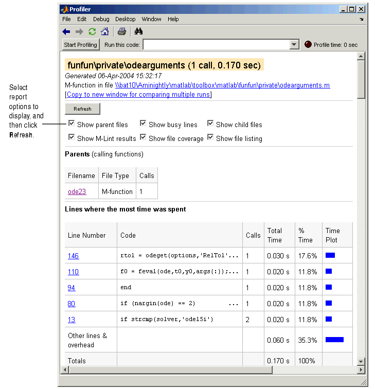 Image of Profiler detail report and options for it.