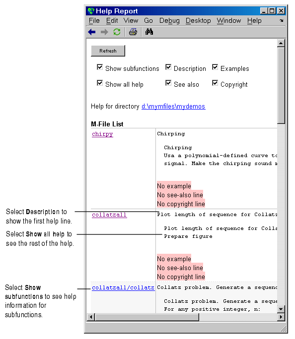 Image of Help Report showing all options selected for an example directory.