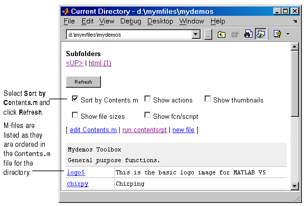 Image of Visual Directory view highlighting sort by contents and the order of M-files.