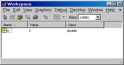Image of Workspace browser showing the variable n and its value and class.
