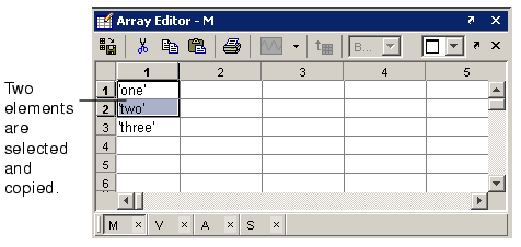 Three images of the Array Editor showing copy and paste.