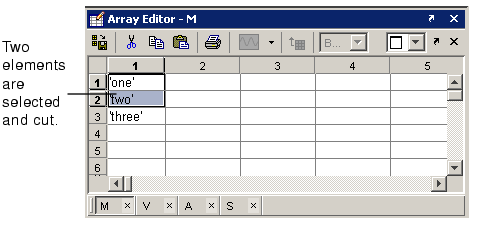 Three images of the Array Editor showing cut and paste.