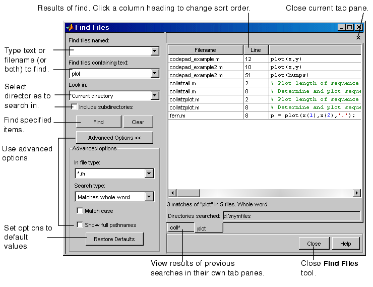 Image of Find Files dialog box showing key features.panel of results.