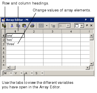 Image of Array Editor showing key features. Rows and columns are labeled, for example row 1 and column 1. Edit the content of an element by typing in the field. Use document tabs to access other variables open in the Array Editor.