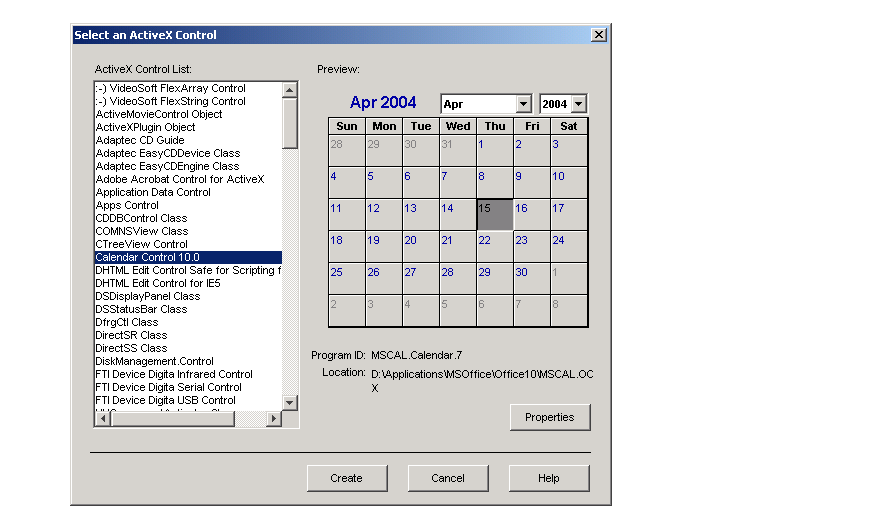 Figure showing ActiveX control list with calendar control 9.0 selected